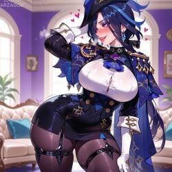 1girl ai_generated arzagod big_breasts black_hair blue_hair blush clorinde_(genshin_impact) dark_blue_hair garter_belt garter_straps genshin_impact hat large_breasts long_hair makeup pantyhose perfect_legs ponytail purple_eyes purple_hair tagme thick_thighs tricorne uniform