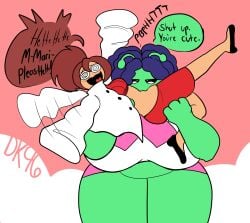 2girls alien_girl amber_(daisykitty96) belly belly_raspberries big_breasts chubby_belly chubby_female cute daisykitty96 dialogue height_difference large_breasts mari_(daisykitty96) speech_bubble yuri