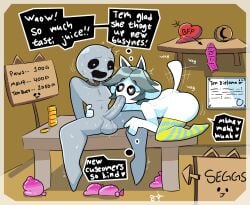 1boy 1girls 4_ears all_fours anthro bald bffs blightstar coins condom crossover dialogue diploma english_text fellatio filled_condom grey_body heart-shaped_pupils keeper_(the_binding_of_isaac) living_corpse on_table prostitution rope_around_neck sex_store sign sitting store striped_socks tagme temmie_(undertale) the_binding_of_isaac thighhighs thought_bubble undertale wagging_tail white_body
