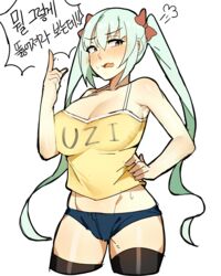 1girls blush breasts cleavage female female_only girls'_frontline hand_on_hip korean_text large_breasts light-skinned_female light_skin micro_uzi_(girls_frontline) ppapmang short_shorts shorts sketch solo text yellow_camisole