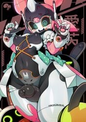 1boy 1girls angels_of_delusion aria_(zenless_zone_zero) aria_(zenless_zone_zero)_(robot_form) arm_garter artist_name bangboo_(zenless_zone_zero) black_background black_sclera blush bow breasts censored colored_sclera commentary_request cowboy_shot english_commentary erection female green_bow green_eyes hands_up highres humanoid_robot krokobyaka mixed-language_commentary mosaic_censoring navel nipples open_mouth penis polka_dot polka_dot_bow precum robot robot_girl small_breasts thigh_sex yutane_johiel zenless_zone_zero