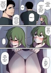... 1boy 1girl absurdres black_hair blush bra cameltoe clothes_lift english_text facial_hair full-face_blush green_eyes green_hair highres husband_and_wife igarashi_futaba lifting_own_clothes medium_hair panqlao panties pussy_juice senpai_ga_uzai_kouhai_no_hanashi shirt shirt_lift short_hair spoken_ellipsis sweat takeda_harumi thick_eyebrows underwear white_panties