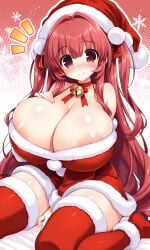 1girls areolae big_breasts breasts christmas cleavage cute fur_trim huge_breasts light-skinned_female long_hair nipples original original_character red_eyes red_hair santa_hat solo solo_female thick_thighs two_side_up voluptuous wide_hips