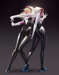 2girls artstation back back-to-back ballet_slippers blonde_hair blue_eyes bodysuit breasts clothed covered_navel dual_persona female female_only full_body gradient gradient_background gwen_stacy hairband hand_on_another's_hip hood looking_back looking_to_the_side marvel marvel_comics mask medium_hair multiple_girls not_furry_focus outstretched_arm realistic shiny shiny_clothes shiny_suit skin_tight smile spider-gwen spider-man_(series) spider_web_print standing superhero taekwon_kim tiptoes v