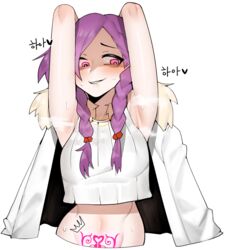 arms_up biting biting_lip braid crop_top female female high_resolution jacket pink_eyes ppapmang purple_hair solo sweat tattoo tied_hair twin_braids white_background white_jacket