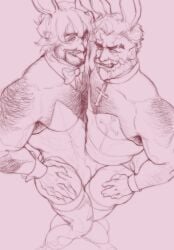 2boys arm_hair armpit_hair armpit_hair_peek armpit_peek bara body_hair bulge bulges_touching bunny_ears bunny_suit claws deadlock drifter_(deadlock) facial_hair hairy hairy_armpits hairy_arms hairy_chest hairy_male hand_on_hip male male/male male_only milkbloc muscles muscular muscular_male pressing_breasts_together sketch smiling smiling_at_viewer tongue_out venator_(deadlock)