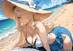 1girl ai_assisted ai_generated artist_name bare_shoulders beach bikini blonde_hair blue_eyes blue_ribbon breasts cleavage cloud collarbone curvaceous curvy curvy_female curvy_figure cynthia_(pokemon) day female flower frills hair_over_one_eye hat hat_flower hat_ribbon horizon large_breasts lips long_hair looking_at_viewer miyuai mole mole_under_mouth ocean outdoors parted_lips pokemon ribbon sand sarong sky smile solo straw_hat sun_hat sunlight swimsuit thick thick_ass thick_butt thick_hips thick_legs thick_thighs voluptuous voluptuous_female water watermark wide_hips wide_thighs