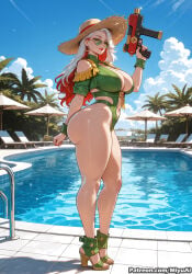 1girl ai_assisted ai_generated ass bangs breasts cloud curvaceous curvy curvy_female curvy_figure day earrings female full_body gloves green_bikini green_eyes gun hat highleg holding_weapon huge_breasts jewelry large_breasts long_hair looking_at_viewer looking_back marvel marvel_rivals miyuai one-piece_swimsuit palm_tree pool rogue_(marvel_rivals) sandals shiny shiny_skin silver_hair sky solo swimsuit thick thick_ass thick_butt thick_hips thick_legs thick_thighs thighs voluptuous voluptuous_female water weapon wide_hips wide_thighs