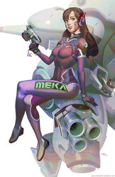 1girls acronym alternate_costume animal_print artist_name bangs bodysuit bracer breasts brown_eyes brown_hair bunny_print charm_(object) crossed_legs d.va facepaint facial_mark female full_body gloves gun handgun headphones high_collar holding holding_gun holding_weapon long_hair looking_at_viewer looking_to_the_side mecha medium_breasts meka mila_the_mute overwatch overwatch_2 parted_lips pilot_suit pink_lips pistol ribbed_bodysuit shoulder_pads signature simple_background sitting sitting_on_object skin_tight smile solo swept_bangs trigger_discipline weapon whisker_markings white_background white_gloves white_rabbit_d.va