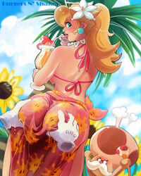 1boy 1girls ass ass_grab big_ass blonde_hair blue_eyes burgersnshakes disembodied_hands drink earrings female flower_in_hair food from_behind gloves groping hair_flower human looking_back male mario_(series) nintendo outdoors princess_peach shiny_skin sky solo_focus standing super_mario_odyssey super_mario_sunshine toadsworth white_gloves