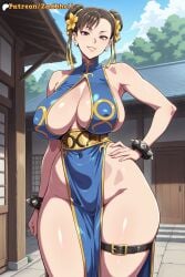 1girls ai_generated ass ass_focus black_hair breasts cameltoe chun-li cosplay curvy curvy_figure female huge_breasts light-skinned_female light_skin long_hair mature_female pussy smile street_fighter thick_thighs thighs thong zadbhell