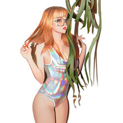 1:1_aspect_ratio 1girls female megane one-piece_swimsuit orange_hair realistic shiny shiny_clothes solo swimsuit wonbin_lee