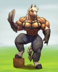 abs biceps braided_hair breasts female hair horse long_hair muscles muscular muscular_arms muscular_female muscular_legs muscular_thighs pecs