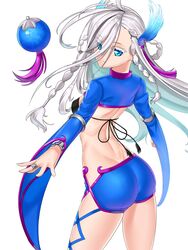 ass back bikini_top blue_eyes braid dncks10 female female hair_between_eyes hair_ornament high_resolution jewelry long_hair looking_at_viewer looking_back maplestory maplestory_2 multiple_braids ring shorts silver_hair simple_background solo tied_hair white_background wide_sleeves