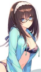 10s 1girls argyle_bikini argyle_clothes bespectacled bikini bikini_under_clothes black_hair blue_eyes blush breasts female_focus glasses hairband hood hoodie idolmaster idolmaster_cinderella_girls leaning_forward long_hair mayachi_(amuriya) medium_breasts navel open_clothes open_hoodie sagisawa_fumika smile solo swimsuit
