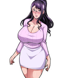 1girls black_hair blue_eyes blush breasts cleavage collarbone female_focus glasses huge_breasts long_hair looking_at_viewer milf miniskirt mole nishida_megane original purple_hair shirt simple_background skirt solo standing thighs white_background