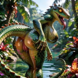 ai_comfyui ai_generated clawed_fingers green_scales jungle_background lizard_girl lizard_tail long_tongue presenting_ass presenting_pussy scalie scalie_female scalie_humanoid self_upload slit_pupils standing_in_water tail thick_labia thick_pussy tongue_out yellow_eyes