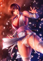 1girls big_breasts breasts brown_eyes brown_hair cleavage dead_or_alive dress female kasumi_(doa) kunoichi large_breasts long_hair ninja panties pantyshot pantyshot_(standing) rokko sideboob sweat thighhighs underwear white_dress white_panties white_thighhighs white_underwear