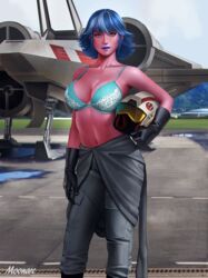 alien audia_pahlevi blue_bra blue_hair blue_lipstick bra cleavage female gloves helmet large_breasts midriff navel original_character outdoors pilot pilot_suit pink_skin realistic short_hair smile solo standing star_wars text uniform x-wing zeltron