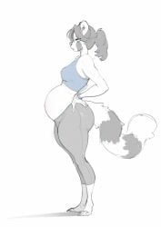 1girl animal_ears ass bare_shoulders breasts full_body furry large_breasts long_hair looking_at_viewer looking_back pants ponytail pregnant raccoon_ears raccoon_tail snout solo standing striped tail thick_thighs thighs vertical_stripes