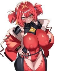 1girls abs annoyed annoyed_expression big_breasts exposed female_focus female_only gamjasssak goddess_of_victory:_nikke hand_on_hip jacket leotard red_hair skimpy skin_tight skinsuit solo solo_female thick_thighs toned toned_female twintails visible_nipples white_background wide_hips