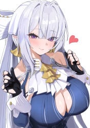 absurdres band_(skymole01) bare_shoulders blue_dress blush breasts cleavage commentary dress earrings grey_hair heart highres jewelry large_breasts long_hair looking_at_viewer pointy_ears purple_eyes simple_background smile solo upper_body velina_airgid very_long_hair white_background zenless_zone_zero