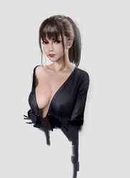 brown_hair bust cleavage female large_breasts lips looking_at_viewer portrait realistic simple_background solo ydiya