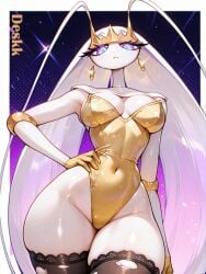1girls ai_generated antennae anthro armpits arthropod_girl breasts bunnysuit claws close-up crown curvy curvy_female curvy_figure deskk earrings female gold gold_jewelry hands_down head_tilt long_hair looking_at_viewer pheromosa pokemon pokemon_(species) pokemon_sm purple_eyes solo solo_female stockings taller_female ultra_beast white_background white_body white_hair white_skin