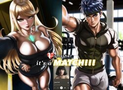 1boy 1boy1girl 1girls ai_generated before_sex big_breasts blonde_hair blue_eyes blue_hair boyfriend-girlfriend breasts bulge cleavage clothing crossover dating dating_app earrings english english_text fire_emblem fire_emblem:_path_of_radiance fire_emblem:_radiant_dawn golden_eyes gym gym_uniform heart hetero huge_breasts ike_(fire_emblem) lipstick looking_at_viewer massive_breasts modern_au muscular muscular_male mythra nintendo orange_eyes partially_clothed phone red_lipstick selfie shower smash_ball split_screen spotify straight suggestive suggestive_look suggestive_pose super_smash_bros. super_smash_bros._ultimate text tsundere weightlifting weights xenoblade_(series) xenoblade_chronicles_2