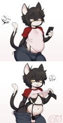 absurd_res anthro bra_strap_showing_(meme) cellphone chastity_belt chastity_bulge chastity_cage chastity_device clothed clothing domestic_cat electronics felid feline felis femboy flashing gat0bodegero harness hi_res holding_object holding_phone male mammal meme overweight phone short_sleeves smartphone solo speech_bubble standing text tongue underwear underwear_peeking