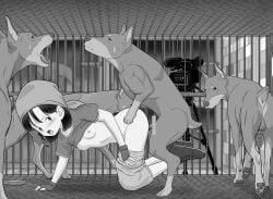 1girls 2d 5boys absurd_res all_fours bandana bar_censor best_bes black_and_white blush cage camera canine canine_on_human canine_penis censored clothing doggy_style domestic_dog dragon_ball female_on_feral femsub feral feral_dominating_human feral_on_female feral_on_human feral_penetrating feral_penetrating_human filming fivesome gangbang gloves headwear human_female human_on_feral human_penetrated interspecies kennel knot looking_back monochrome multiple_boys pan_(dragon_ball) pornography recording recording_video shirt shirt_lift skinny slim small_breasts small_nipples submissive_human zoophilia