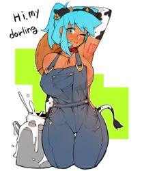 animal_ears arm_tattoo breasts cameltoe cow_girl erect_nipples erect_nipples_under_clothes female horns huge_breasts milk nipples no_bra one_arm_up one_eye_closed ppapmang smile tongue tongue_out