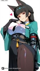 1girl ai_generated animal_ear_fluff animal_ears artist_name bangs black_gloves black_hair blunt_bangs braid breasts brown_pantyhose closed_mouth covered_nipples fingerless_gloves fox_ears gloves heart hoshimi_miyabi jacket large_breasts long_hair looking_at_viewer mechanical_arms necktie pantyhose patreon questionable red_eyes see-through senpai_pixels shirt simple_background skirt smile solo wet wet_clothes white_background white_shirt zenless_zone_zero