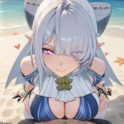 (titancore) ai_generated beach close close_up cute_girl elf_ears elf_female female girl huge_breasts long_hair male naughty_face pov pressing_breast_on_partner purple_eyes ribbon_in_hair sea sexy silver_hair velina_airgid video_game_character water zenless_zone_zero