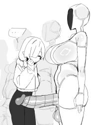... 4girls absurdres breasts erection futanari greyscale hair_over_one_eye highres huge_penis humanoid_robot imkay_3 jacket large_breasts large_testicles long_hair monochrome multiple_girls original pants penis robot robot_girl spoken_ellipsis testicles uncensored white_background