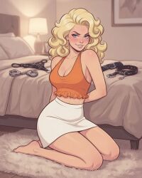 1girls 2d ai_generated bdsm_gear bedroom big_breasts blonde blonde_female blonde_hair blue_eyes blush blushing bondage_gear busty halter_top hands_behind_back kneeling long_hair miniskirt orange_topwear skirt wavy_hair white_skin white_skirt
