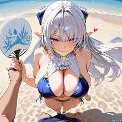 (titancore) ai_generated beach close close_up cute_girl elf_ears elf_female female girl holding_hand holding_object huge_breasts long_hair male naughty_face pov pressing_breast_on_partner purple_eyes ribbon_in_hair sea sexy silver_hair sweatdrop velina_airgid video_game_character water zenless_zone_zero