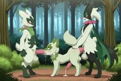 3_fingers 3_toes absurd_res ai_generated all_fours anal anal_penetration animal_genitalia anthro anthro_on_feral anthro_penetrating anthro_penetrating_feral balls bestiality big_balls big_ears big_penis big_tail blush blush_lines bodily_fluids breath butt claws cum cum_in_ass cum_in_mouth cum_inside cum_on_body cum_on_butt cum_on_face cum_on_ground cum_on_penis fangs feet felid feline fellatio feral feral_penetrated fingers floragato flower fluffy fluffy_tail forest fur generation_9_pokemon genital_fluids genitals green_body green_claws green_fur group half-closed_eyes hi_res huge_balls huge_penis looking_at_another looking_at_partner male male/male male_penetrated male_penetrating male_penetrating_male mammal meowscarada narrowed_eyes nintendo open_mouth open_smile oral outside_sex paws penetration penile penile_penetration penile_spines penis penis_in_ass penis_in_mouth plant pokemon pokemon_(species) red_eyes sex sheath smile smiling_at_partner snout sprigatito standing tail teeth toes tongue tongue_out tongue_out_fellatio tree trio yiff_ai_(director)