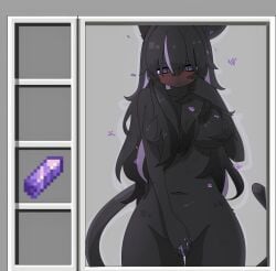 1girl animal_ears black_hair cowboy_shot eyebrows_visible_through_hair furry indoors long_hair looking_at_viewer multicolored_hair navel nude purple_eyes solo standing tail