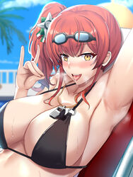 1girls arm_up armpits azur_lane bangs bikini black_bikini blue_sky blush breasts breathing chair cleavage collarbone day eyebrows_visible_through_hair fellatio_gesture goggles goggles_on_head hair_ornament highres large_breasts long_hair looking_at_viewer lounge_chair o-ring o-ring_bikini open_mouth oral_invitation outdoors poolside red_hair sexually_suggestive shin'yashiki side_ponytail sitting skindentation sky smile solo steamy_breath swimsuit tongue tongue_out whistle zara_(azur_lane) zara_(poolside_coincidence)_(azur_lane)