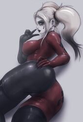 1girls alternate_breast_size ass batman_(series) big_ass big_breasts bodysuit breasts bubble_butt dc dc_comics female female_only fully_clothed harley_quinn harley_quinn_(classic) impracticalart large_breasts looking_at_viewer looking_back shiny_clothes shiny_suit skindentation solo tight_clothing