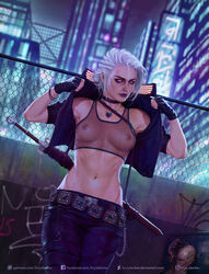 1girls abs areolae belt braided_hair breasts casual casual_exposure casual_nudity cd_projekt_red choker ciri clothed cropped_jacket cyberpunk cyberpunk_(series) cyberpunk_2077 detailed_background eyeshadow facial_scar female female_only fingerless_gloves freckles green_eyes half_updo handwear human krysdecker light-skinned_female mascara midriff neckwear nipples outerwear pale-skinned_female pale_skin petite public purple_eyeshadow purple_lipstick runny_makeup scar seductive_eyes seductive_look see-through_clothing skinny slim solo source_request streetwear sword tagme tattoo the_witcher_(series) the_witcher_3:_wild_hunt tied_hair toned topwear weapon white_hair witch witcher_medallion wristwear year_request