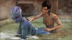 2girls 3d 3d_(artwork) abs asari asarimaniac bath bath_brush bathing bathtub black_hair blue_eyes blue_skin breasts brush bubbles commander_shepard femshep fog liara_t'soni mass_effect naked nipples nude nude_female soap soap_bubbles steam tattoo washing washing_back water wet wet_hair wet_skin yuri