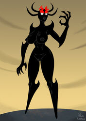 angry artist_name ashi_(samurai_jack) big_breasts black_skin blueumbra breasts cartoon_network claws corrupted corruption daughters_of_aku demon female fit fit_female footless glowing_eyes horns humanoid knees lips monster mound_of_venus no_feet no_pupils nude pussy rubber samurai_jack signature solo thick_lips unhappy vulva warrior