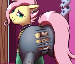 2019 absurd_res anus ass clothing digital_media_(artwork) dock ear_piercing equid equine eyeshadow female feral fluttershy_(mlp) friendship_is_magic furry galacticham hi_res looking_at_viewer looking_back makeup mammal my_little_pony piercing pussy rear_view smile solo torn_clothing