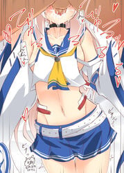 1boy 1girls absurdres ayanami_(azur_lane) azur_lane belt blonde_hair blush breasts choker collar collarbone cum cum_in_mouth cum_in_throat cute deepthroat detached_sleeves egirl fellatio female fringe gag gagged_speech gagging groin highres implied_deepthroat implied_oral inori_(xyz5568) light-skinned_female light-skinned_male light_skin long_hair medium_breasts midriff motion_lines navel oral orange_eyes penis petite ponytail sakura_empire_(azur_lane) simple_background solo_focus teenager thigh_gap white_background