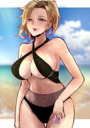 absurdres beach black_bikini blonde_hair blue_eyes blue_sky blurry blurry_background bocas_top breasts cleavage cloud collarbone condom covered_navel cowboy_shot criss-cross_halter cum cum_on_body cum_on_upper_body day dripping facial female halter_top halterneck heart heart-shaped_pupils high_ponytail highres large_breasts looking_at_viewer mercy ocean outdoors outline overwatch pink_lips red_outline sand shore sky smile solo swimsuit symbol-shaped_pupils tan tanline thigh_gap tinnies tongue tongue_out twitter_username