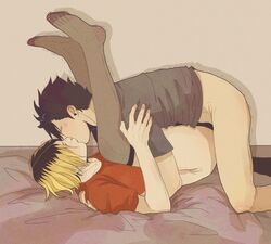 2boys bottomless closed_eyes haikyuu!! kenma_kozume kissing kuroo_tetsurou love mightynyunyi on_bed thighhighs yaoi