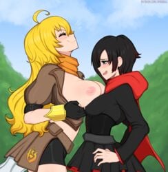 2girls afrobull areolae bike_shorts black_hair blonde_hair breast_envy breasts closed_eyes duo female female_only human incest large_breasts long_hair multiple_girls nipples rooster_teeth ruby_rose rwby sisters smile two_tone_hair yang_xiao_long