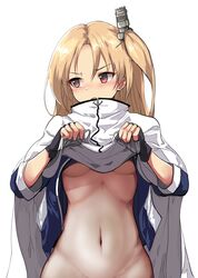 azur_lane bottomless breasts cape capelet cleveland_(azur_lane) dress dress_lift embarrassed high_resolution no_bra no_panties parted_bangs ponytail red_eyes small_breasts take_(trude1945oneetyan) tied_hair underboob